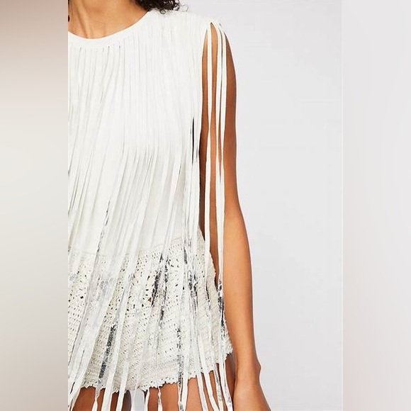 Free People Electric Crochet White Romper Boho Suede/Leather Fringe Medium - Picture 8 of 16